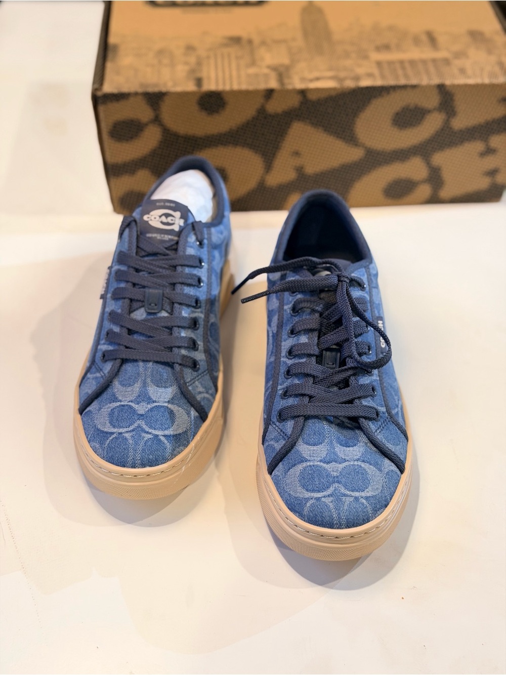 Coach Denim Monogram Low-Top Sneakers in Blue with Tan Sole - Picture 3 of 7